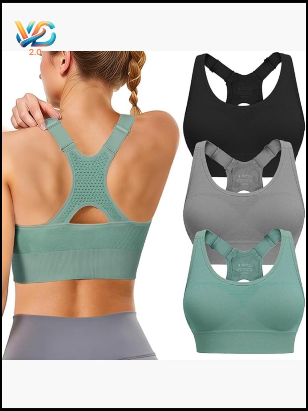 3 Pack High Support Sports Bras Adjustable Straps Padded Racerback for Large